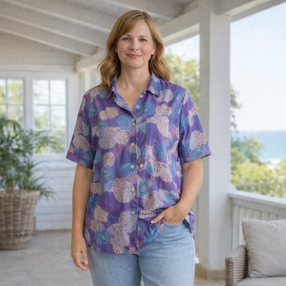 Vintage Y2K Purple Geometric Button Shirt 1X Anthony Richards Resort Boho